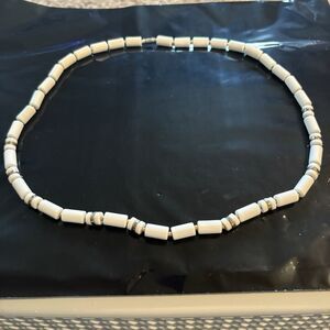 Long Funky Vintage White and Gold Necklace Tubes Beads Screw Closure 28”
